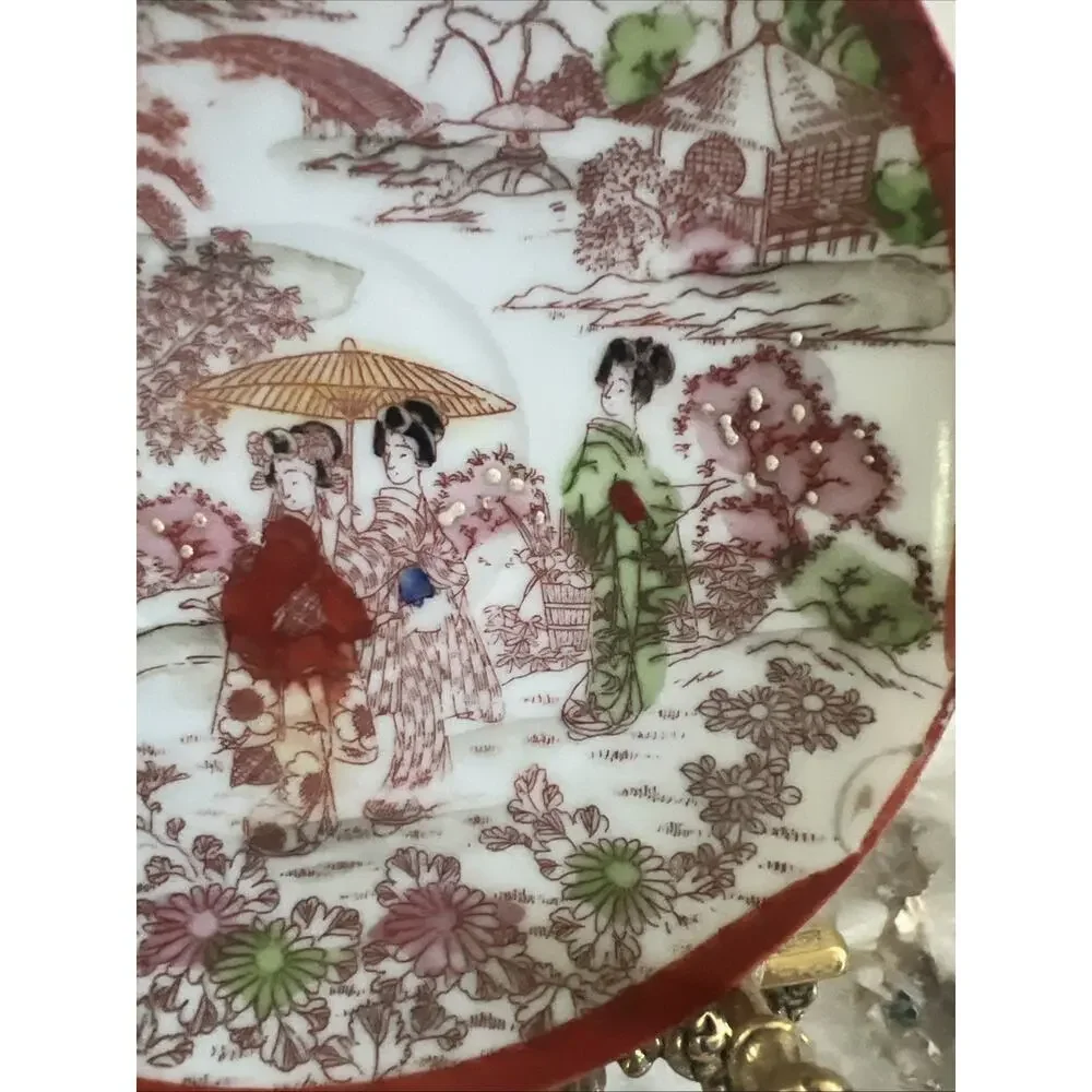 Set Of 3 Vtg Japanese Kutani Porcelain Geisha Saucer Plates Hand Painted 5.5”